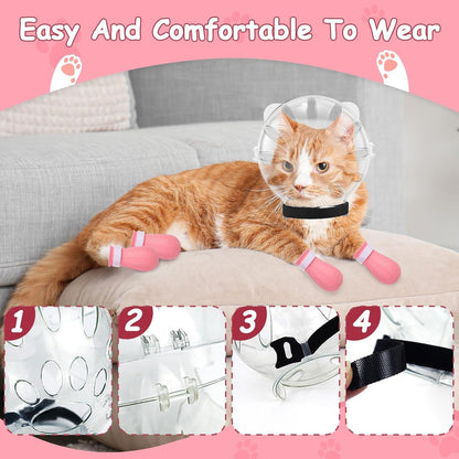 Cat Muzzle and Boots Set, Cat Transparent Muzzle Prevent from Cats Biting Chewing, Breathable Cat Adjustable V1259-DP01-A-2693