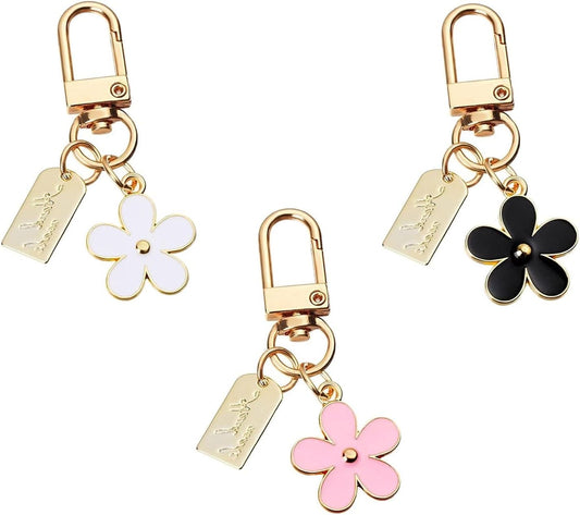 Flower Keychain Set for Women, 3-Piece Chrysanthemum Charm with Metal Sheet, Pink Black White V1259-DP01-A-2735