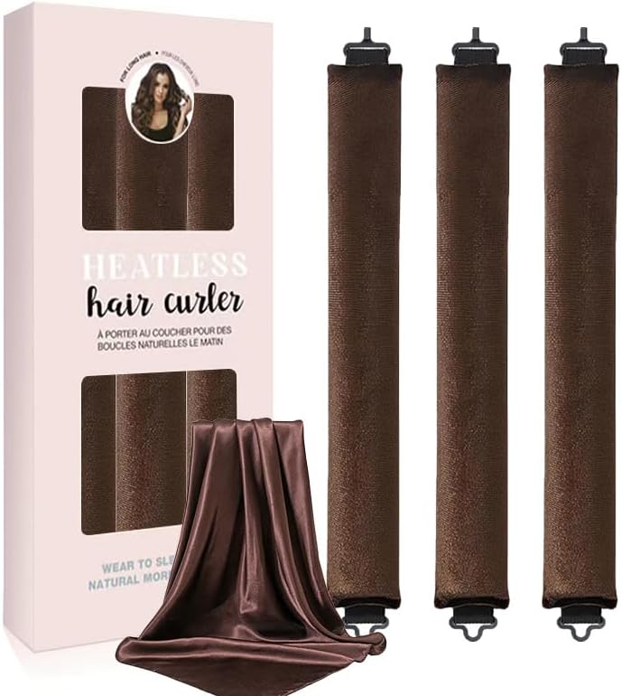 Heatless Hair Curler Set, Satin Overnight Curling Rods, 4-Piece Styling Kit with Hook, Brown V1259-DP01-A-2739