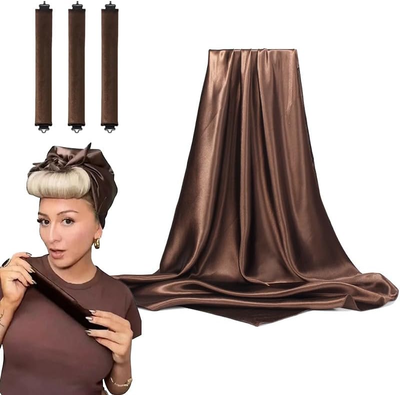 Heatless Hair Curler Set, Satin Overnight Curling Rods, 4-Piece Styling Kit with Hook, Brown V1259-DP01-A-2739