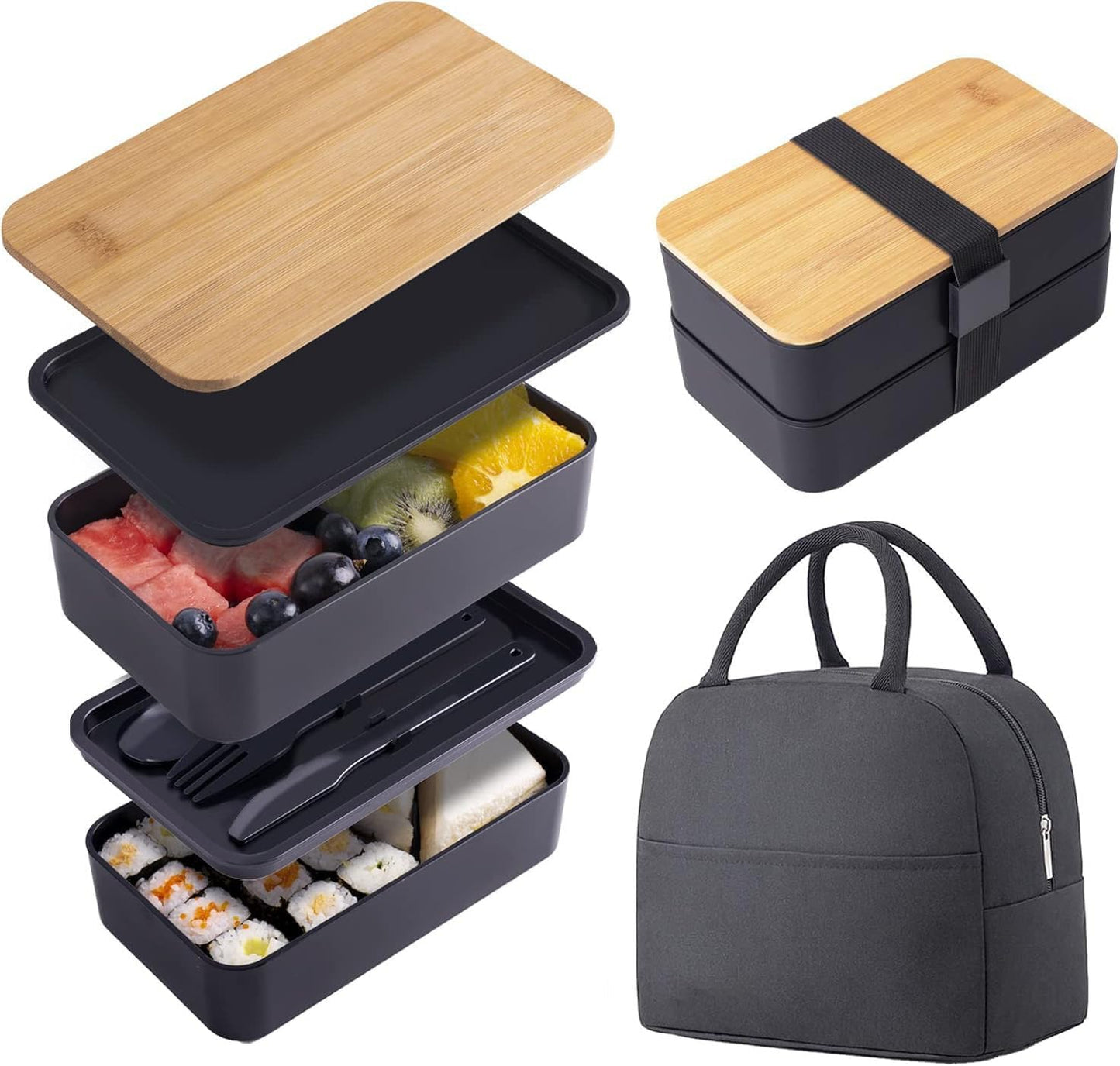 Japanese Bento Box with Bamboo Lid, Stackable Compartments, Food-Grade PP, Includes Insulated Bag for Office V1259-DP01-A-2766