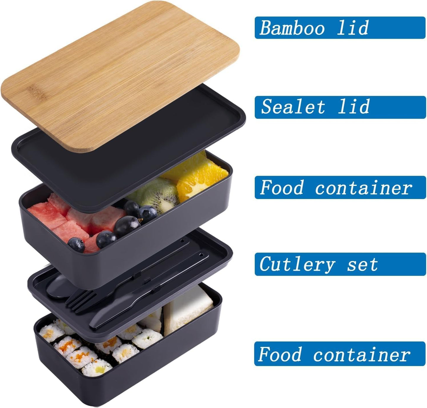 Japanese Bento Box with Bamboo Lid, Stackable Compartments, Food-Grade PP, Includes Insulated Bag for Office V1259-DP01-A-2766
