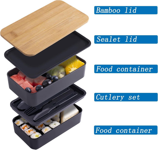 Japanese Bento Box with Bamboo Lid, Stackable Compartments, Food-Grade PP, Includes Insulated Bag for Office V1259-DP01-A-2766