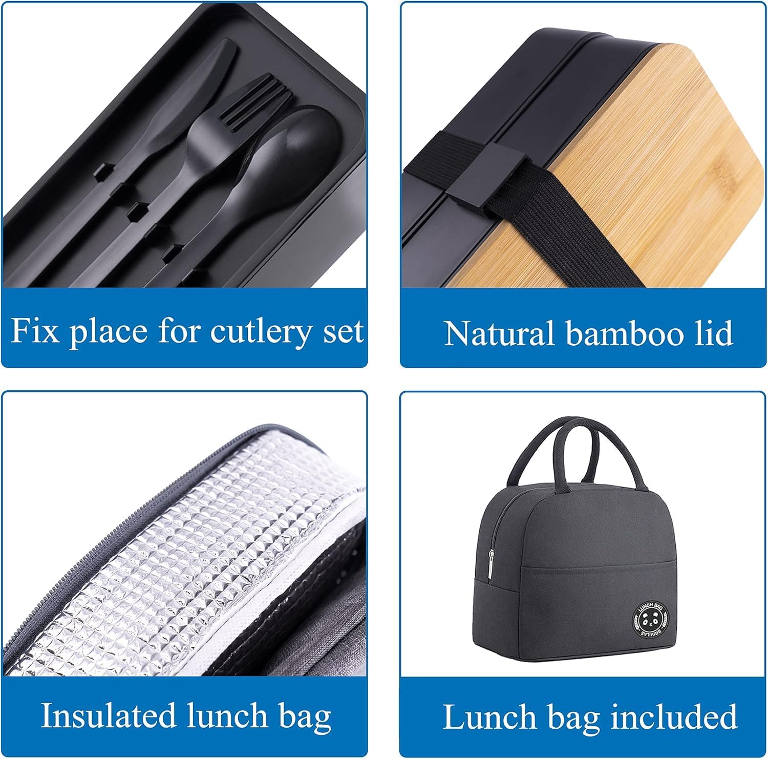 Japanese Bento Box with Bamboo Lid, Stackable Compartments, Food-Grade PP, Includes Insulated Bag for Office V1259-DP01-A-2766