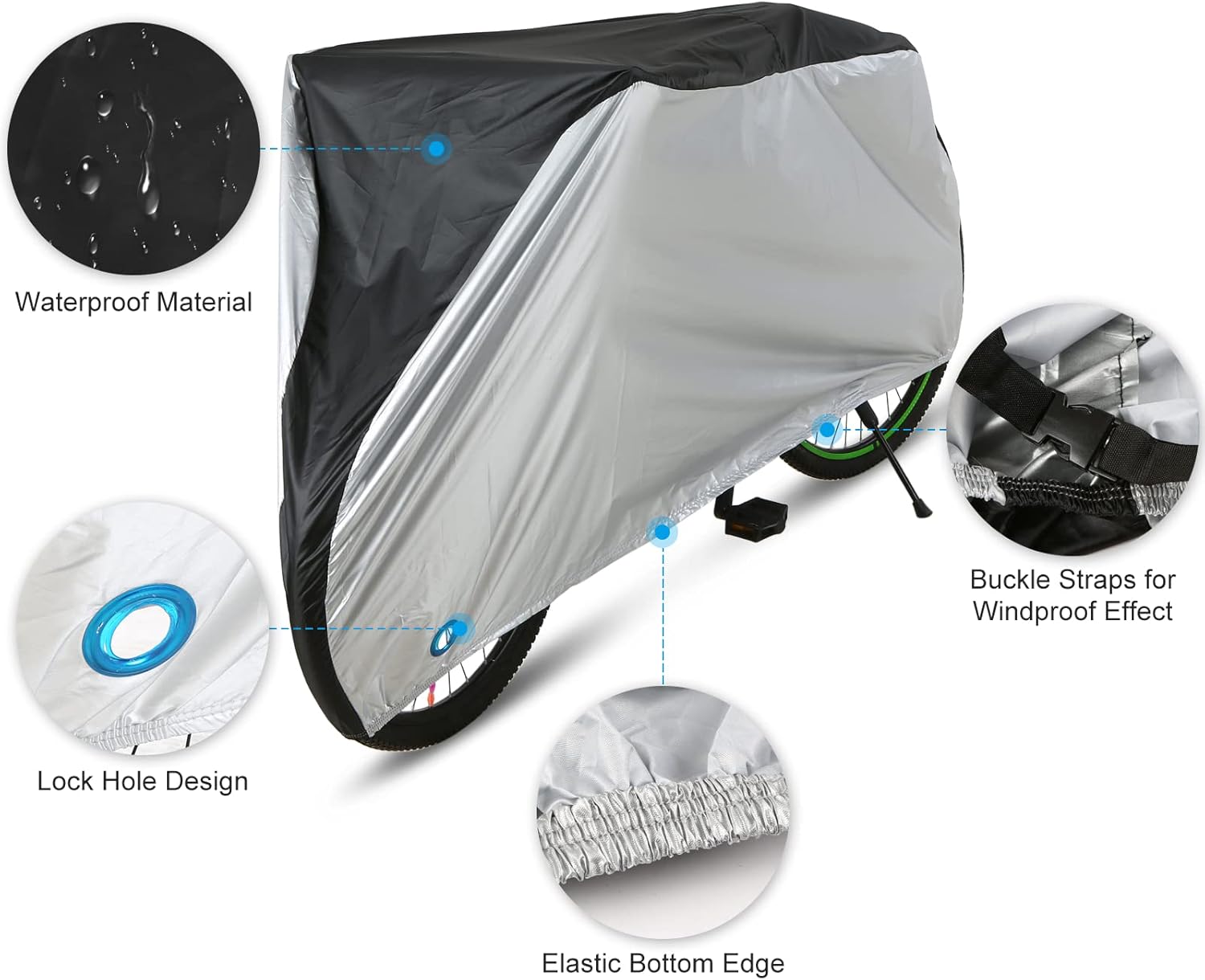 Silver-Coated 190T Polyester Cover for 20/24/26/29 Inch Bikes - Black/Black&Silver, S/M/L/XL Sizes, V1259-DP01-A-2777