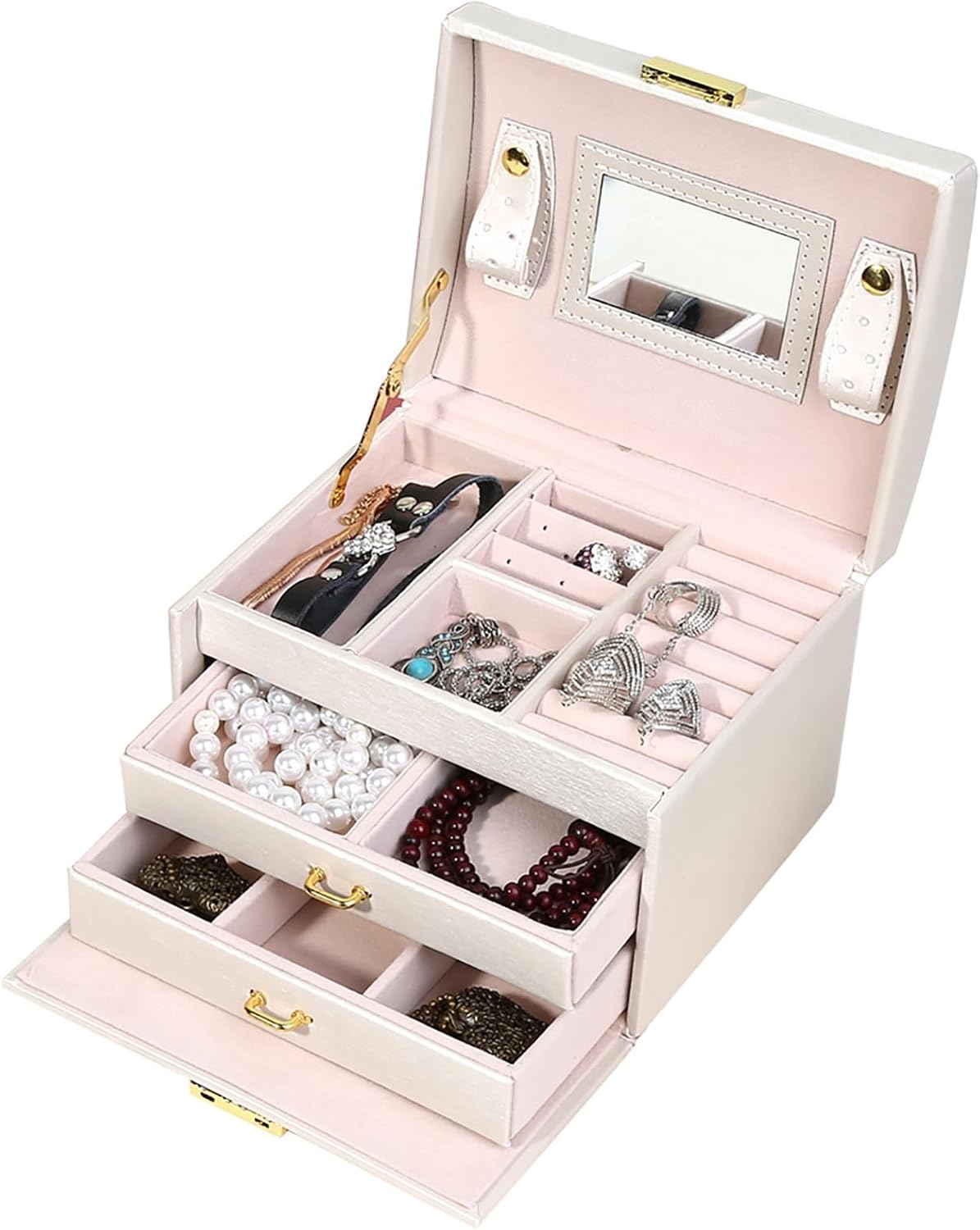 Three-Layer Jewelry Organizer Box with PU Handle, Lockable Display Case for Earrings, Necklaces, Rings - White V1259-DP01-A-2824