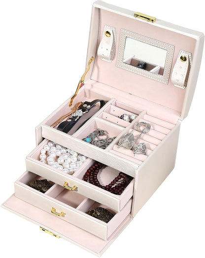 Three-Layer Jewelry Organizer Box with PU Handle, Lockable Display Case for Earrings, Necklaces, Rings - White V1259-DP01-A-2824