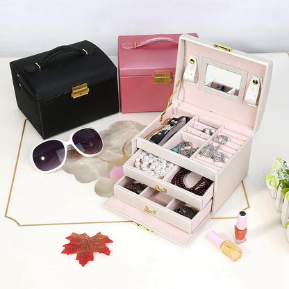 Three-Layer Jewelry Organizer Box with PU Handle, Lockable Display Case for Earrings, Necklaces, Rings - White V1259-DP01-A-2824
