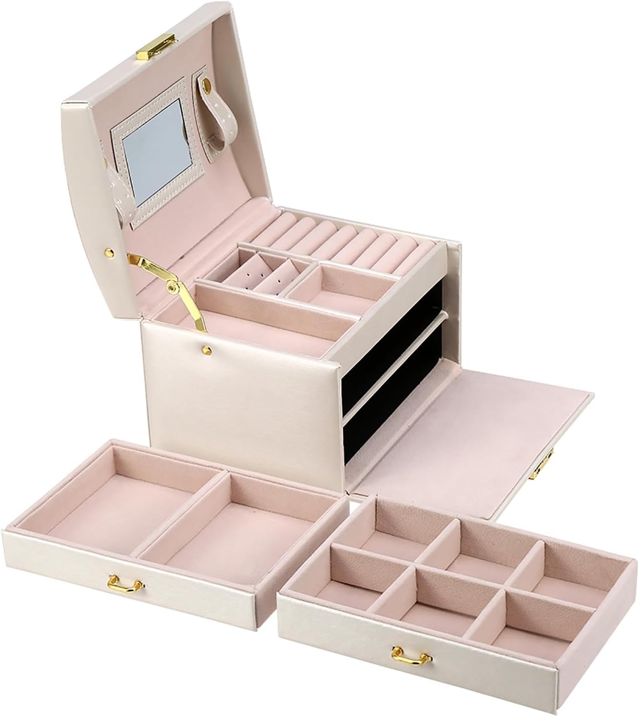 Three-Layer Jewelry Organizer Box with PU Handle, Lockable Display Case for Earrings, Necklaces, Rings - White V1259-DP01-A-2824