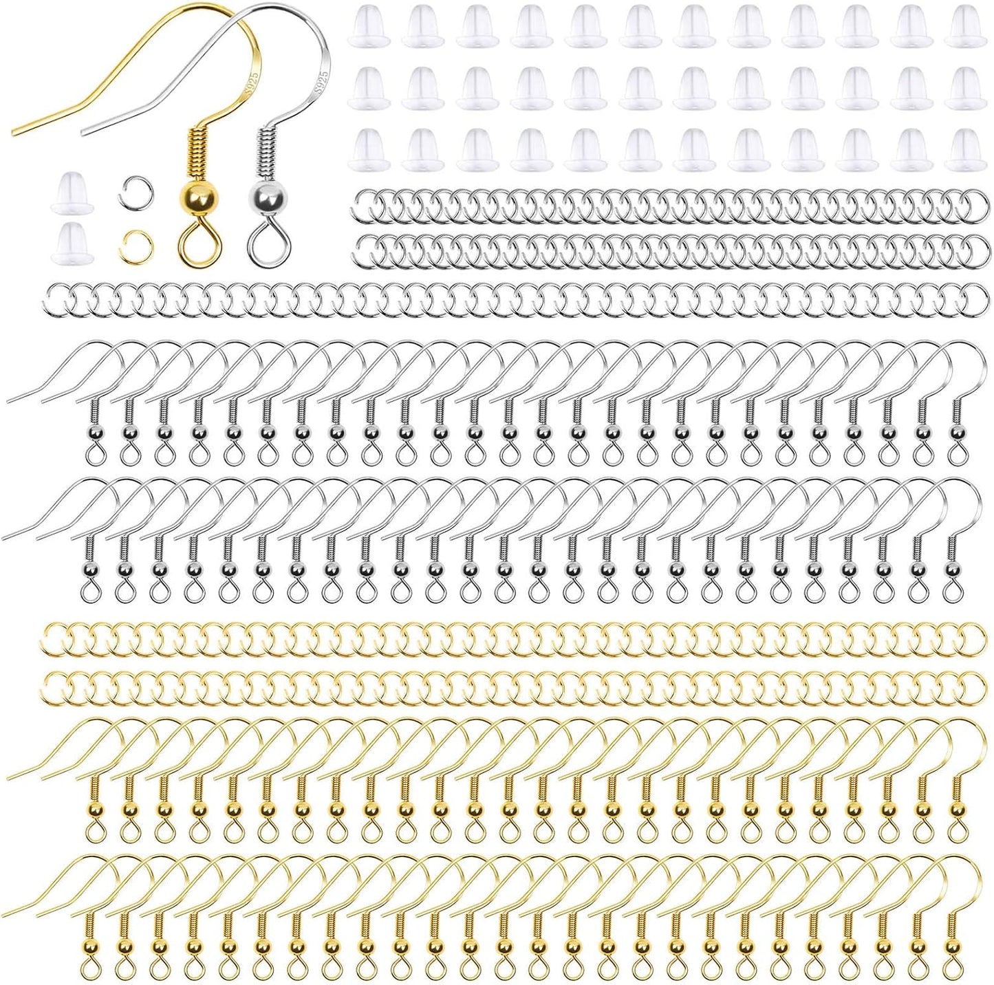 Hypoallergenic Earring Hooks, 600Pcs Earring Making Kit with Earring Hooks, Jump Rings and Clear Rubber V1259-DP01-A-2831