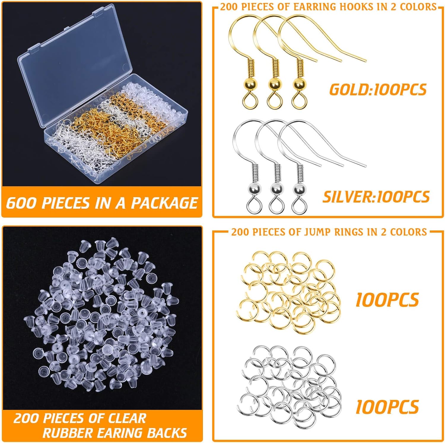 Hypoallergenic Earring Hooks, 600Pcs Earring Making Kit with Earring Hooks, Jump Rings and Clear Rubber V1259-DP01-A-2831