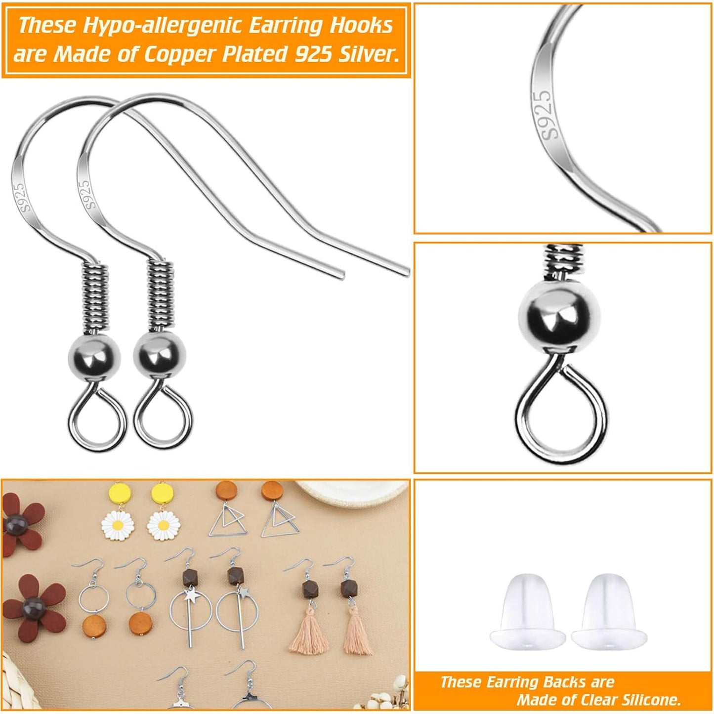 Hypoallergenic Earring Hooks, 600Pcs Earring Making Kit with Earring Hooks, Jump Rings and Clear Rubber V1259-DP01-A-2831