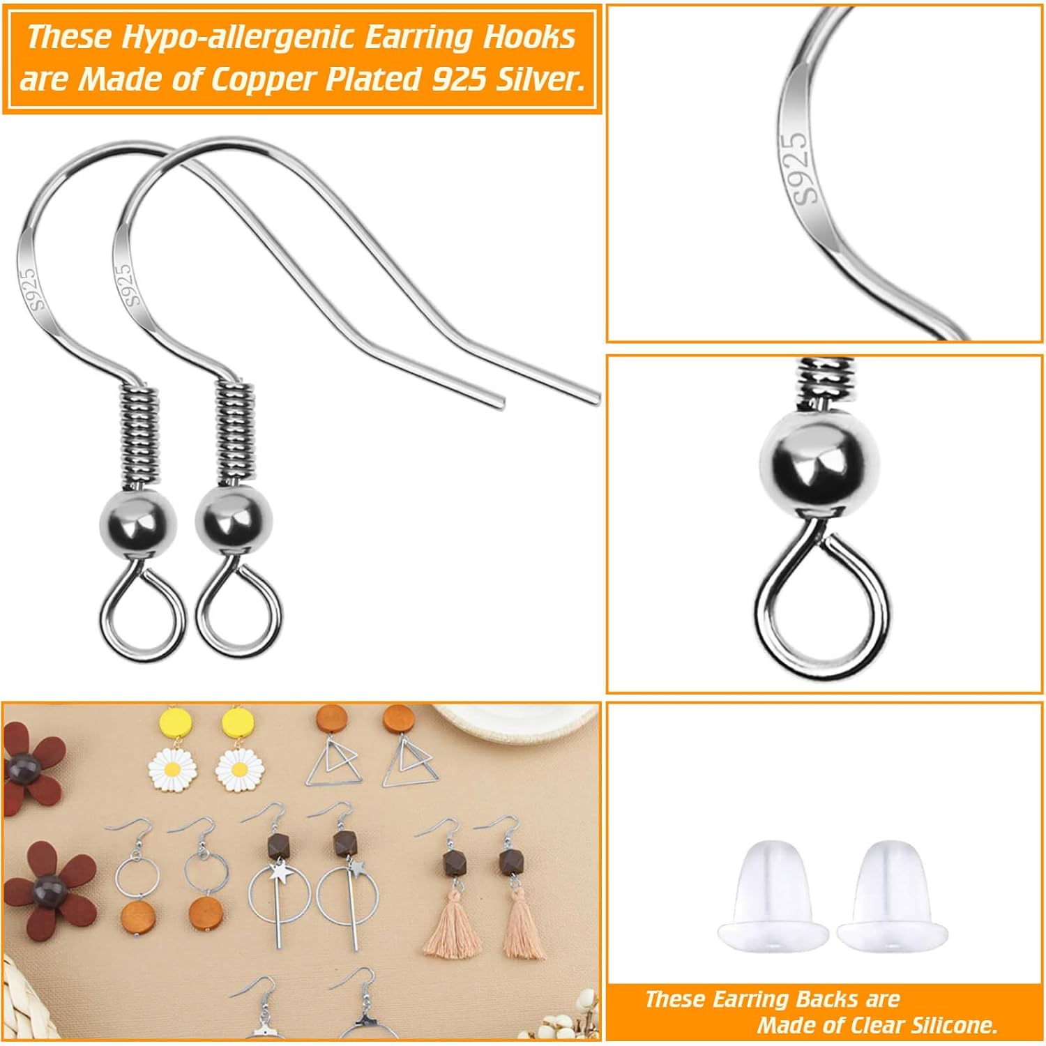 Hypoallergenic Earring Hooks, 600Pcs Earring Making Kit with Earring Hooks, Jump Rings and Clear Rubber V1259-DP01-A-2831