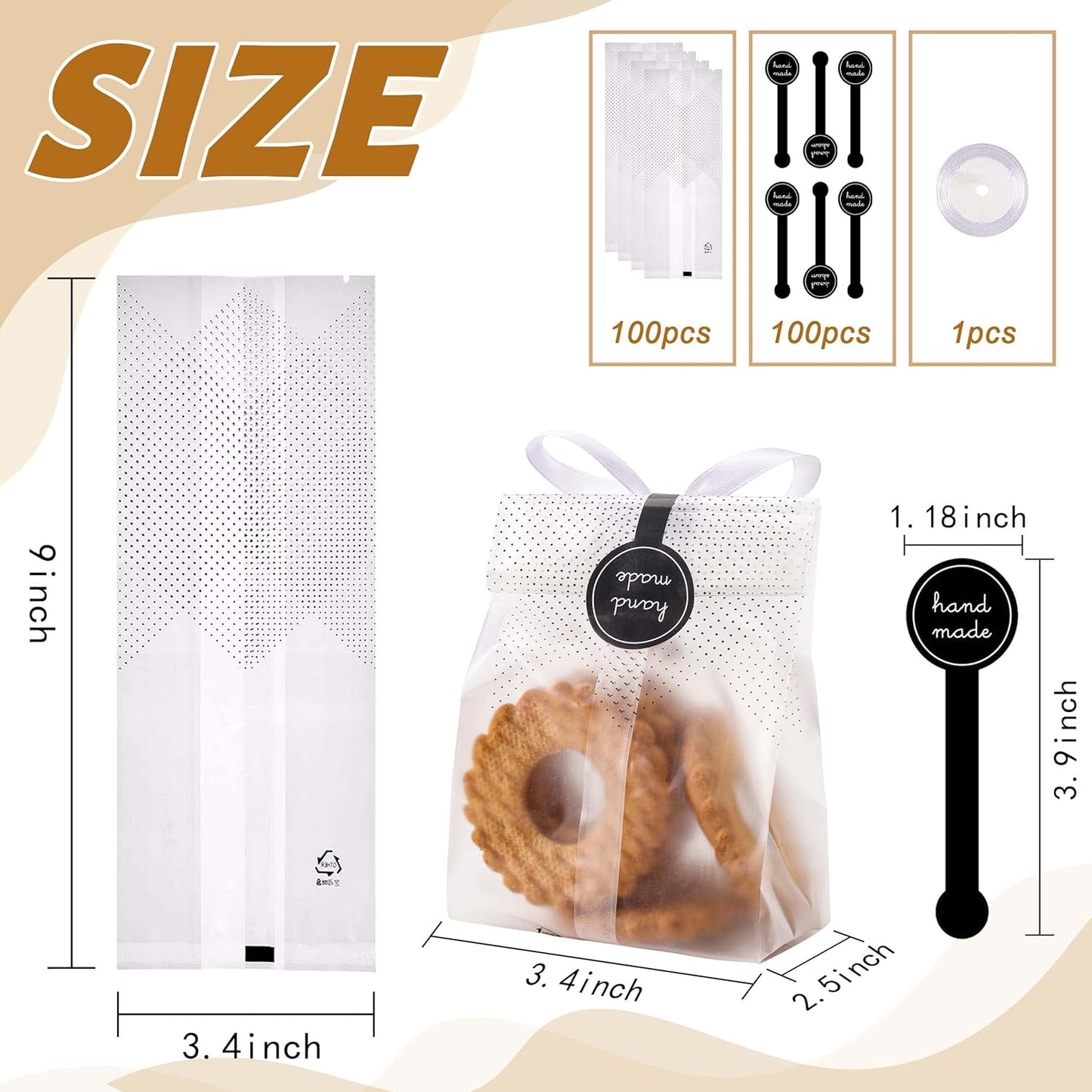 100 Pack Translucent Plastic Bags for Cookie,Cake,Chocolate,Candy,Snack Wrapping Good for Bakery Party with V1259-DP01-A-2834