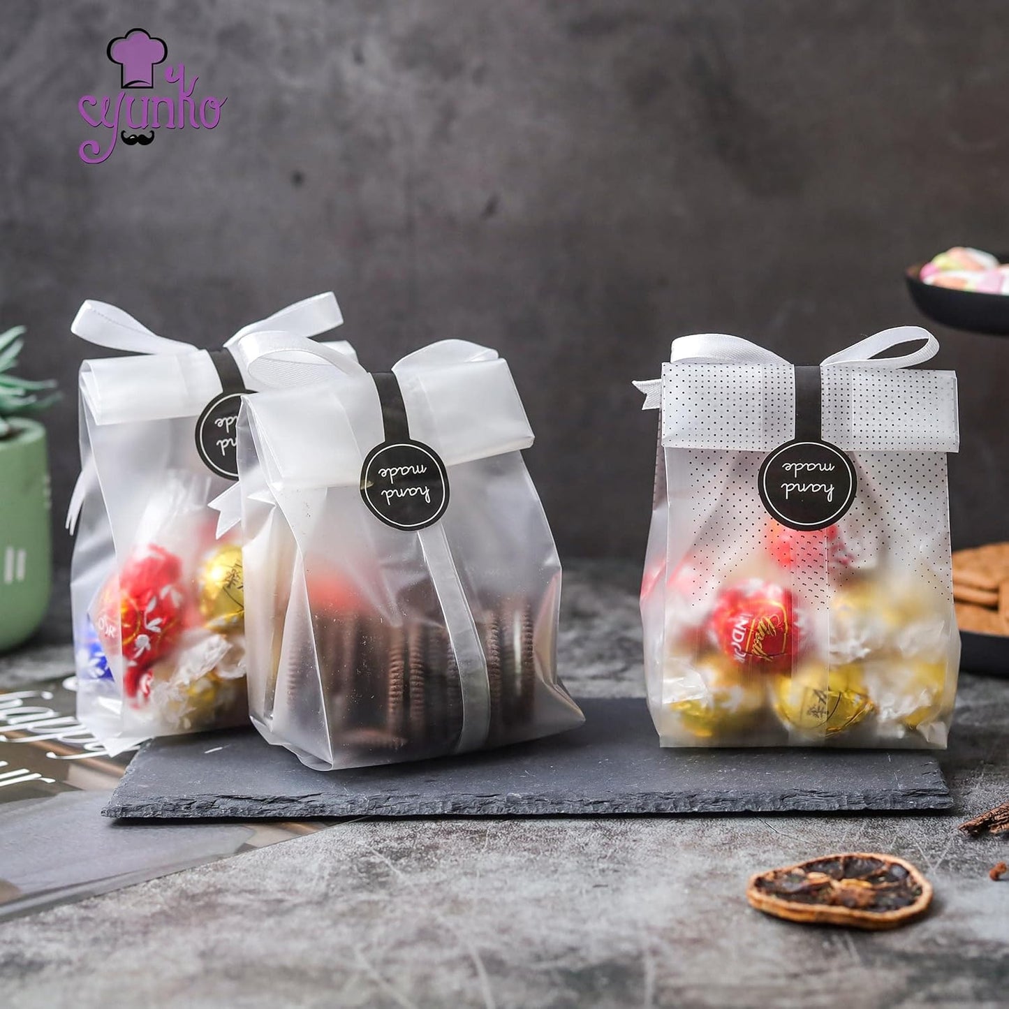 100 Pack Translucent Plastic Bags for Cookie,Cake,Chocolate,Candy,Snack Wrapping Good for Bakery Party with V1259-DP01-A-2834