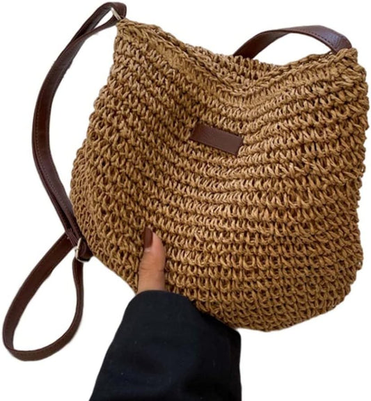 Straw Beach Bag, Summer Straw Bag Female Fashion Braided Single Shoulder Crossbody Bag All-Match Beach Bag V1259-DP01-A-2836