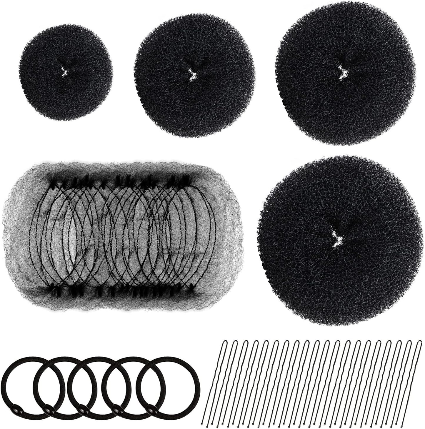Hair Donut Bun Maker Set - 4 Bun Shapers, 20 Invisible Nets, 5 Elastics, 20 Bobby Pins (Black) V1259-DP01-A-2843