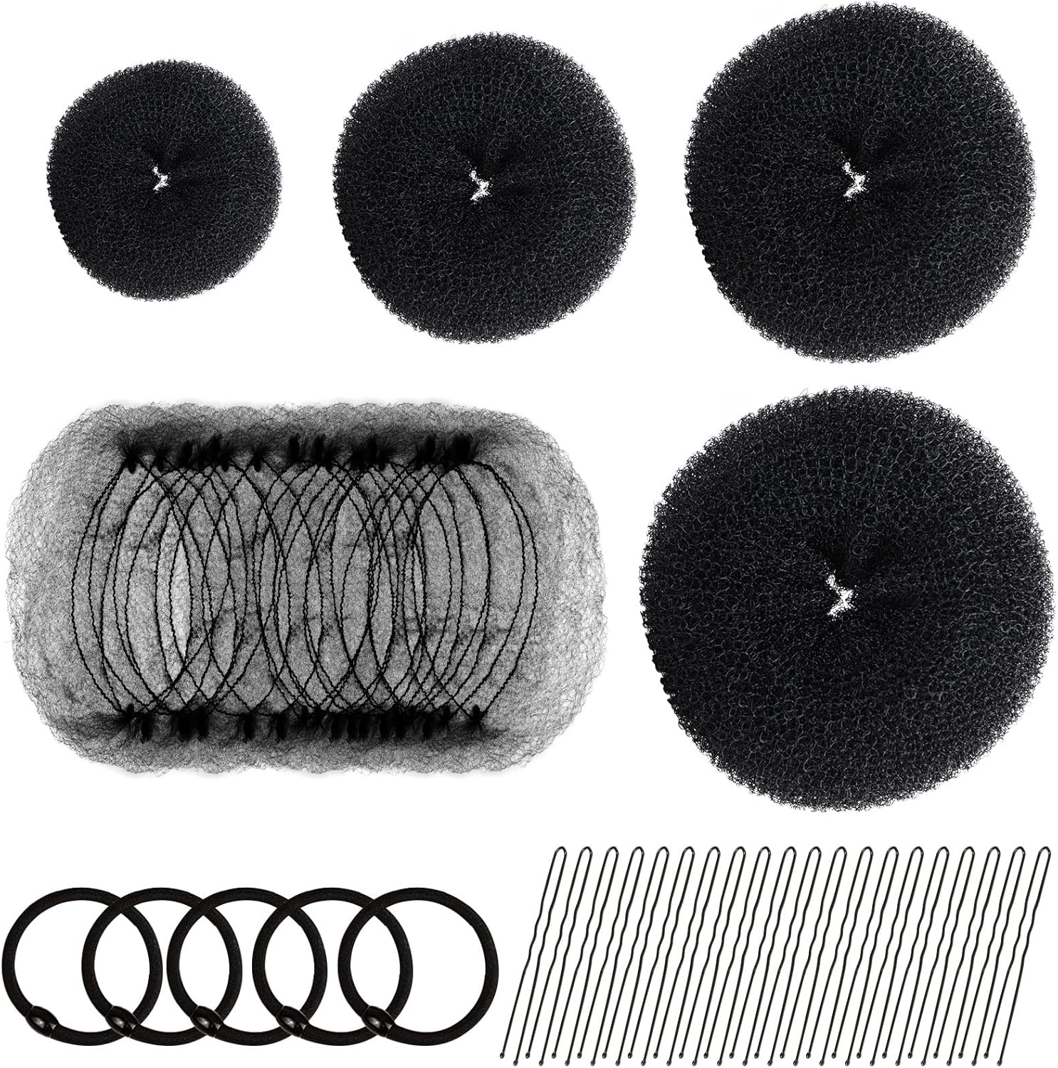 Hair Donut Bun Maker Set - 4 Bun Shapers, 20 Invisible Nets, 5 Elastics, 20 Bobby Pins (Black) V1259-DP01-A-2843