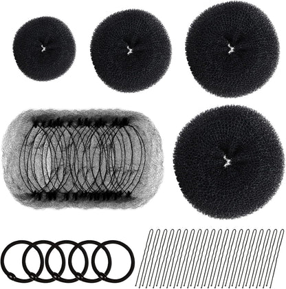 Hair Donut Bun Maker Set - 4 Bun Shapers, 20 Invisible Nets, 5 Elastics, 20 Bobby Pins (Black) V1259-DP01-A-2843