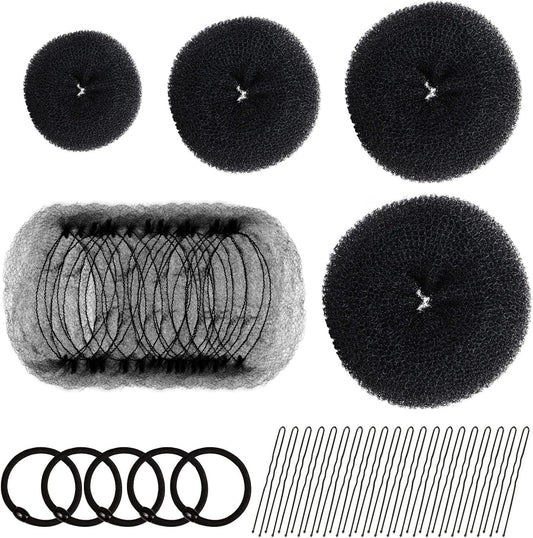 Hair Donut Bun Maker Set - 4 Bun Shapers, 20 Invisible Nets, 5 Elastics, 20 Bobby Pins (Black) V1259-DP01-A-2843