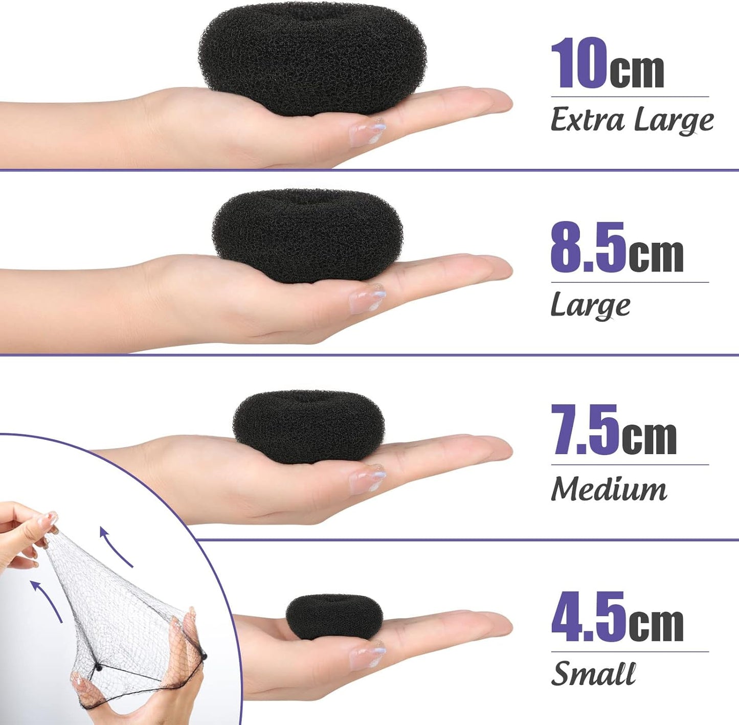 Hair Donut Bun Maker Set - 4 Bun Shapers, 20 Invisible Nets, 5 Elastics, 20 Bobby Pins (Black) V1259-DP01-A-2843