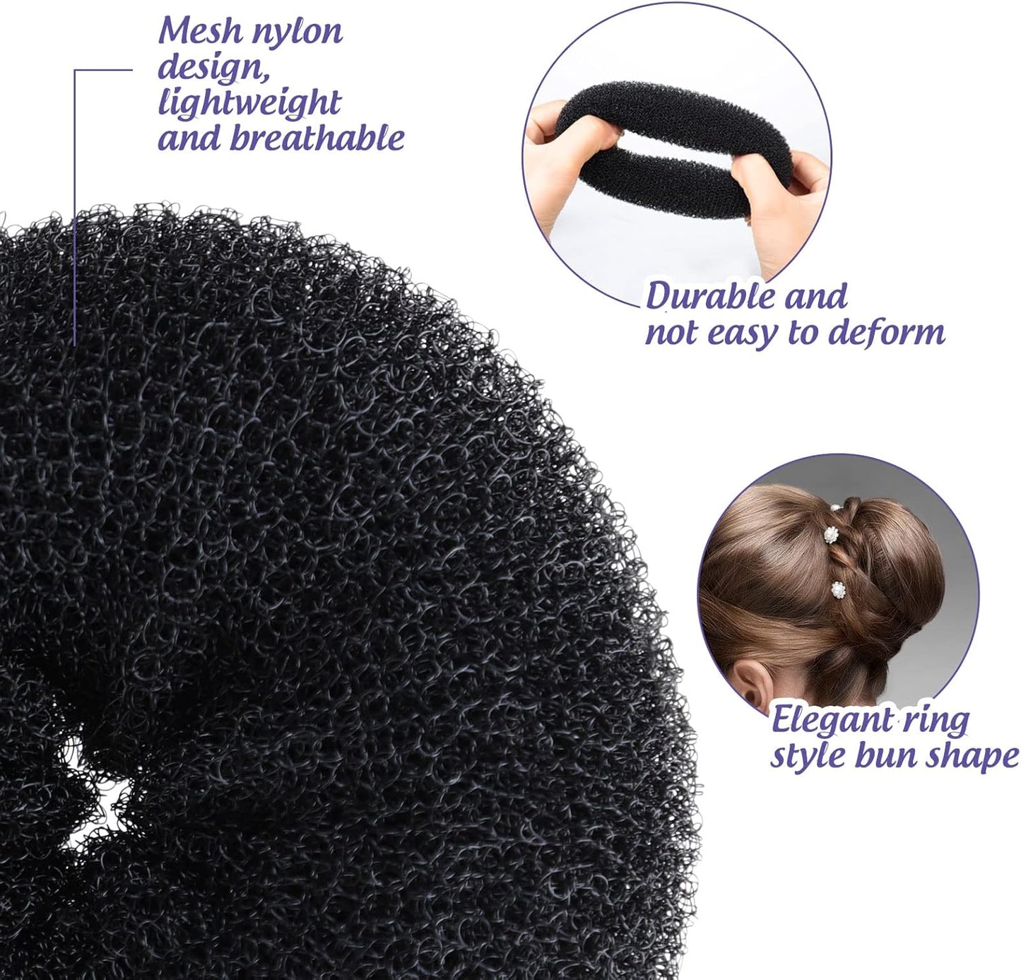 Hair Donut Bun Maker Set - 4 Bun Shapers, 20 Invisible Nets, 5 Elastics, 20 Bobby Pins (Black) V1259-DP01-A-2843