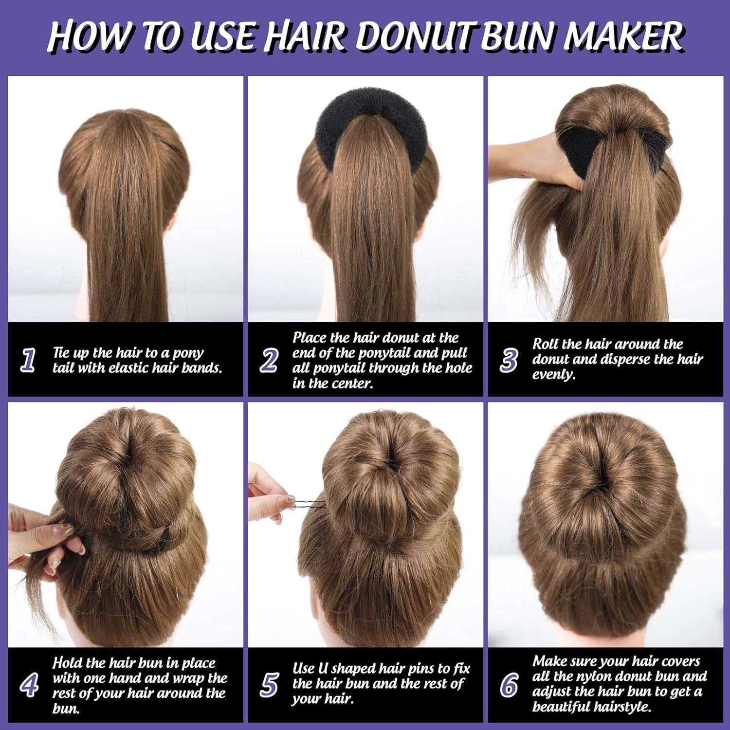 Hair Donut Bun Maker Set - 4 Bun Shapers, 20 Invisible Nets, 5 Elastics, 20 Bobby Pins (Black) V1259-DP01-A-2843