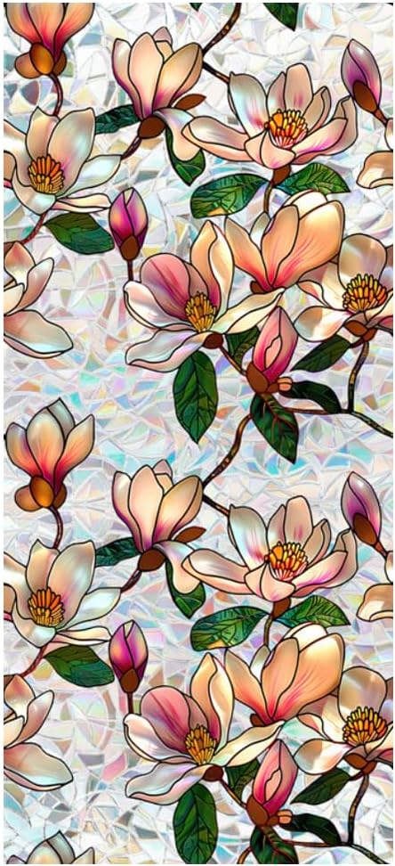 Retro Magnolia Flowers Window Privacy Film,Stained Glass Decals Colorful Floral Privacy Rainbow Decals Living V1259-DP01-A-2864