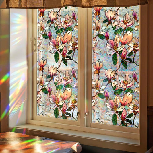 Retro Magnolia Flowers Window Privacy Film,Stained Glass Decals Colorful Floral Privacy Rainbow Decals Living V1259-DP01-A-2864
