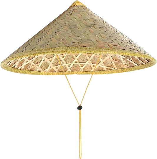 Retro Chinese Bamboo Rattan Fisherman Hat, Handmade Weave Bucket Hat, Rice with Adjustable Rope, 14 Inch V1259-DP01-A-2865