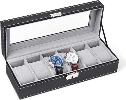 6-slot Leather Watch Box, Watch Box Organizer Glass jewelry Storage Black V1259-DP01-A-2870