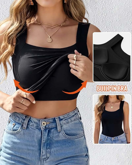 Womens U Neck Shapewear Built-in Bra Tank High Strechy Sleeveless Slim Fit Tops Camisole Workout Tops V1259-DP01-A-2875