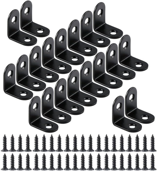 20PCS Small L Brackets, Black Iron Corner Mount Brackets with 40 Screws, Rust Resistant, Easy to Install, V1259-DP01-A-2883