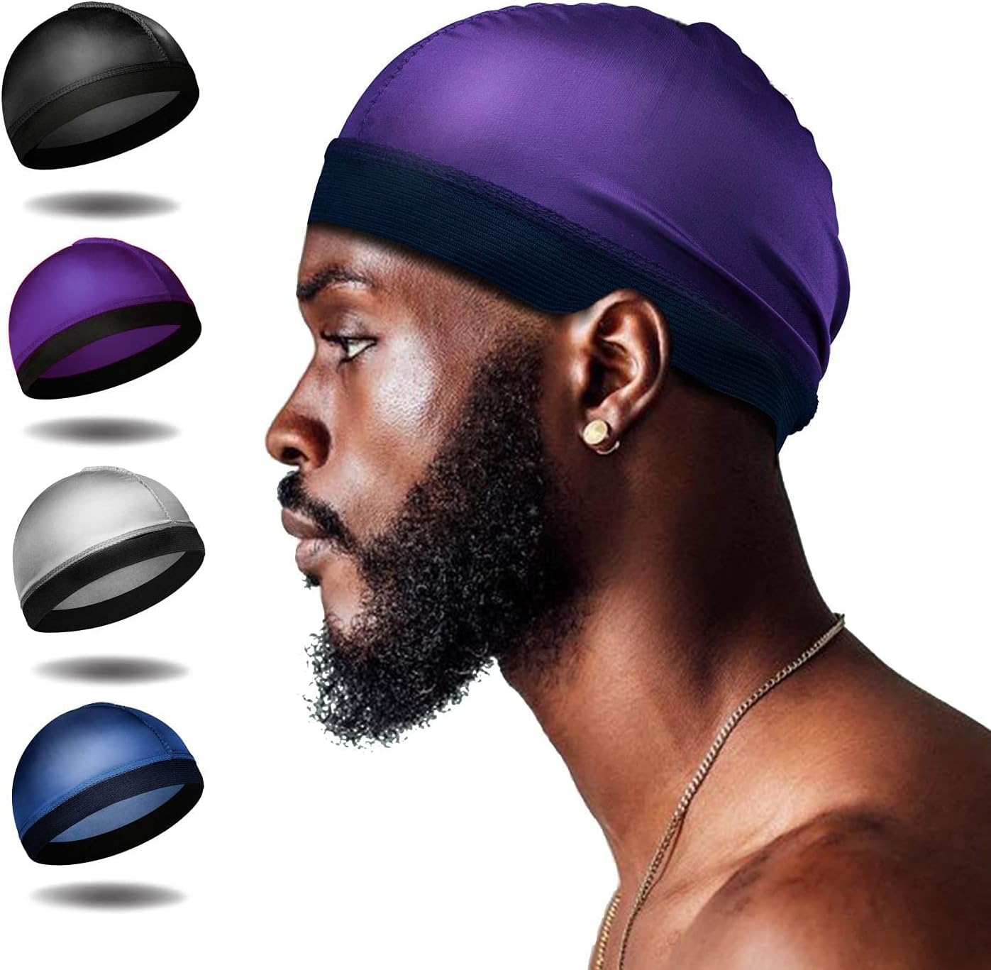 4Pcs Wave Cap, Silk Stocking Wave Caps for 360 Waves, Silky Durag for Men, Stain Caps (2*Blue 2*Black) V1259-DP01-A-2890