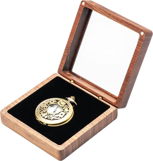 Walnut Wood Pocket Watch Gift Box with Clear Acrylic Lid Portable Single Pocket Watch Display Storage Travel V1259-DP01-A-2894