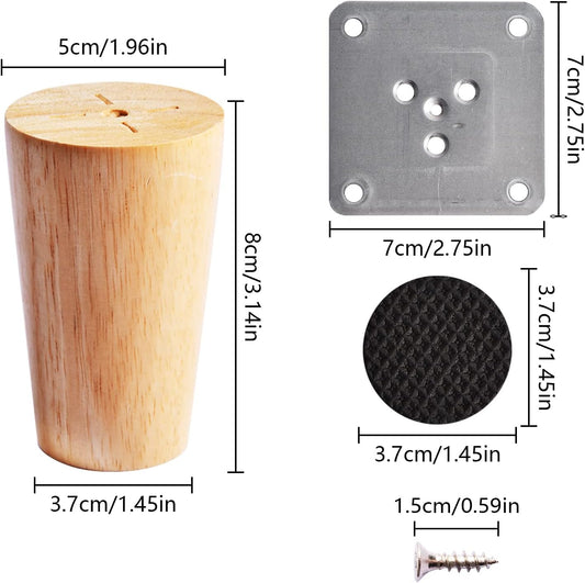 4 PCS 8CM Wooden Furniture Legs with Mounting Plate Screws and Anti-Slip Mats, Tapered Replacement Wood Sofa V1259-DP01-A-2897