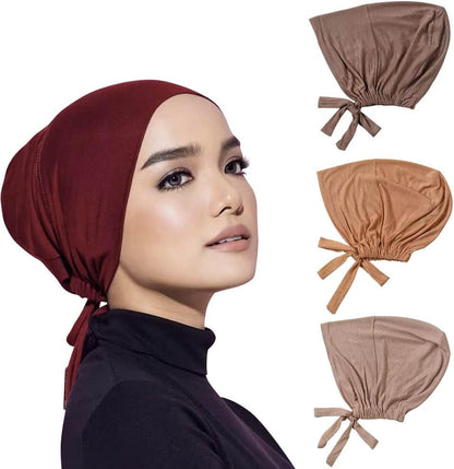 4 Pcs Women Hijab Undercap Muslim Inner Beanies Cap with Tie Back Closure Adjustable Underscarf Hat Chemo V1259-DP01-A-2901