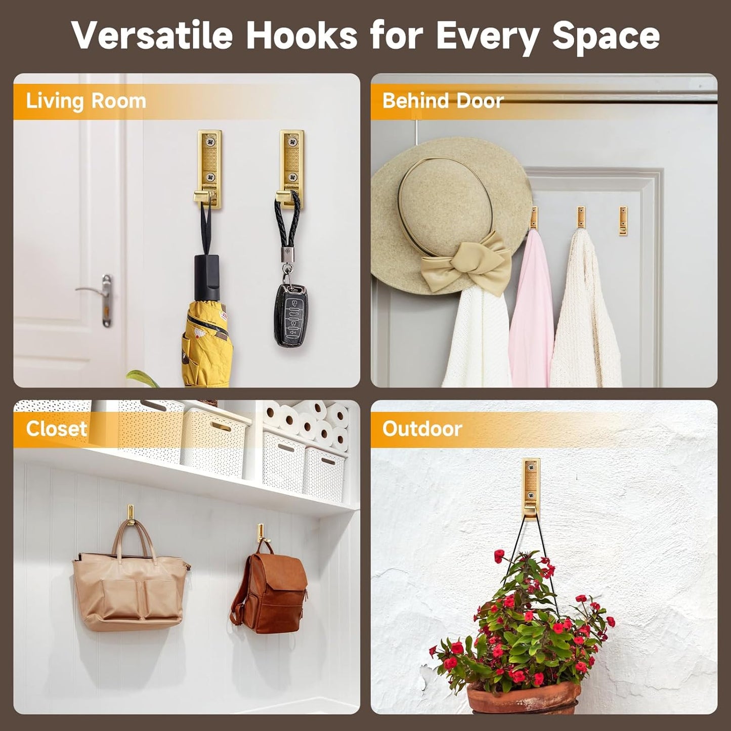 Folding Hooks 4 Pack Foldable Coat Hook Heavy Duty Wall Hooks for Hanging Coats, Towel, Hat, Backpacks (Gold) V1259-DP01-A-2916