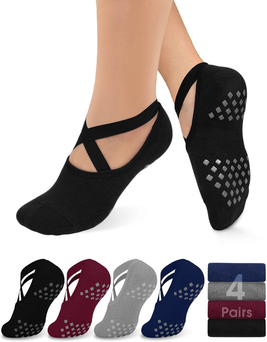 Non Slip Pilates Socks with Grips for Women, Grip Socks for Yoga Ballet Dance Barefoot Workout Anti Skid Crew V1259-DP01-A-2926
