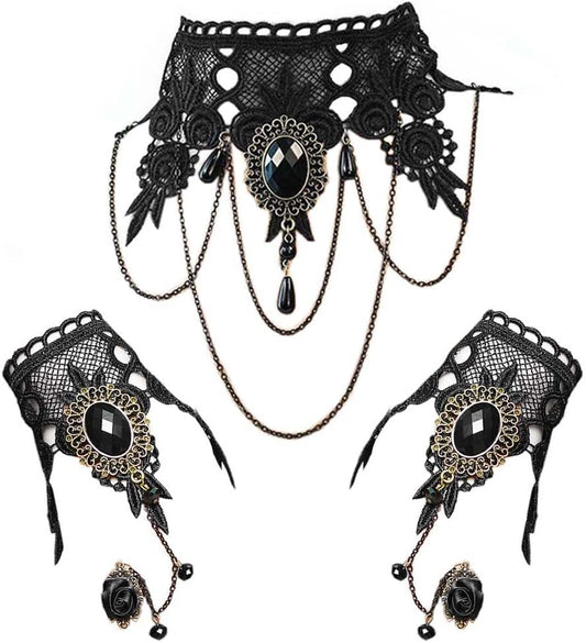 Black Choker Lace Necklace with Bracelet Set Punk Party Gothic Vintage Handmade Lolita Retro Slave Bracelet V1259-DP01-A-2952
