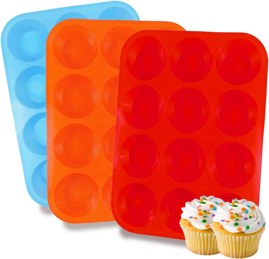 3 Pack Silicone Muffin Pan for Baking, Silicone Cupcake Pan, Muffin Tin 12 Cup Regular Size, Nonstick V1259-DP01-A-2957