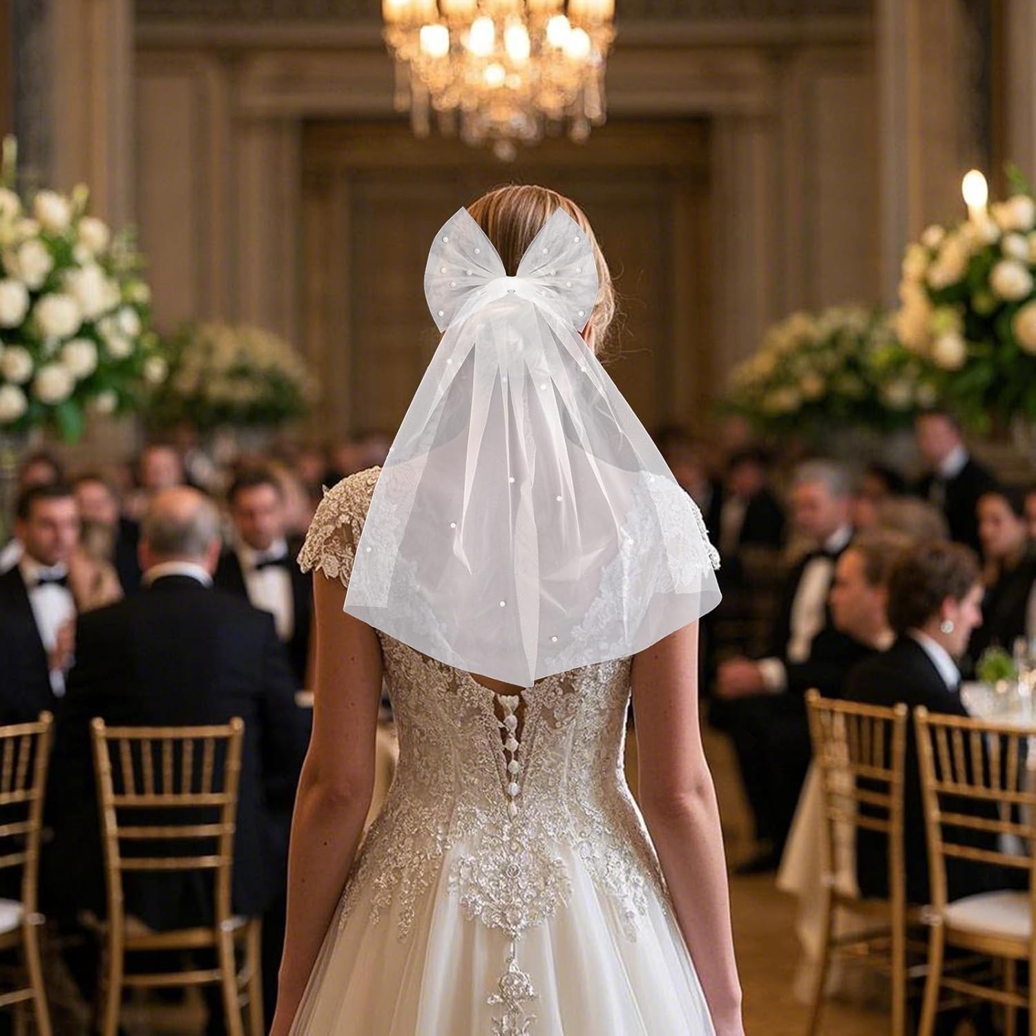 Bride Accessories Hair Bow Pearl Wedding Veil with Barrette Bachelorette Party V1259-DP01-A-2965