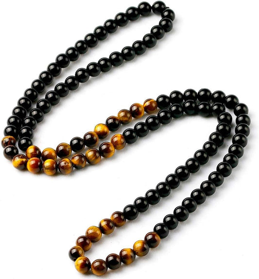 Black Onyx Men's Tiger Eye Stone Bead Necklace Fashion Natural Stone Jewelry Handmade Gift, Tiger Eye Onyx V1259-DP01-A-2984