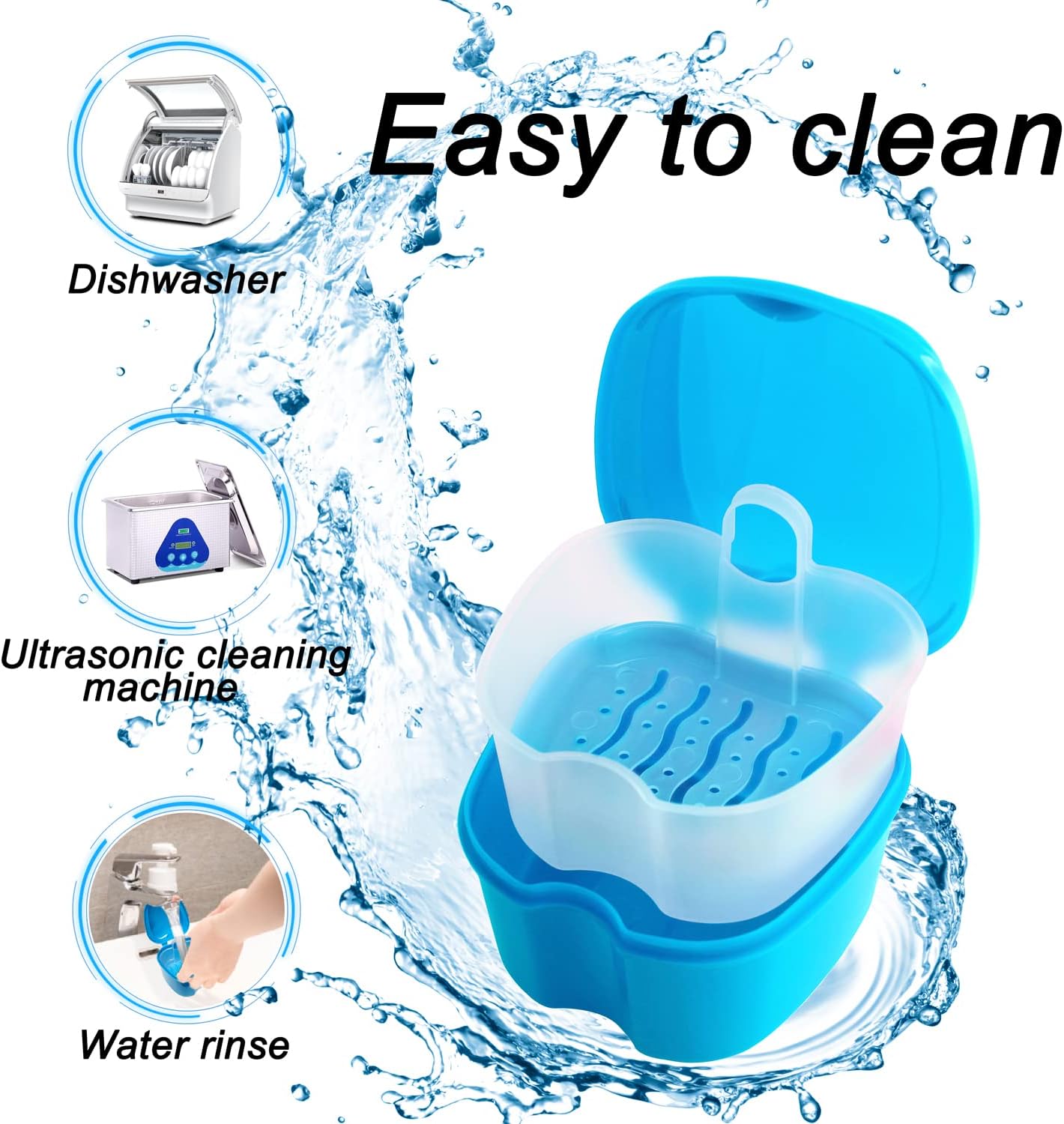 Denture Cup Orthodontic Retainer Case, Denture Bath Box Dental Mouthguard Case Cleaning with Brush, Strainer V1259-DP01-A-2997
