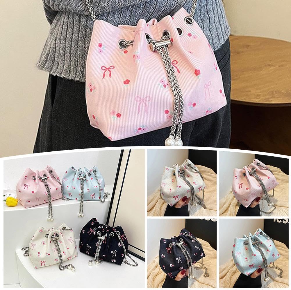 Drawstring Crossbody Bag for Women,Flower Chain Drawstring Mini Bucket Handbags V1259-DP01-A-3023