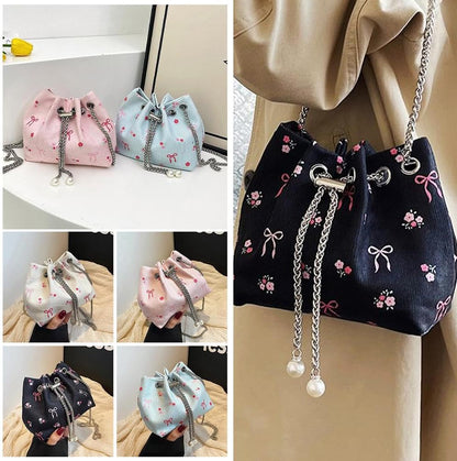 Drawstring Crossbody Bag for Women,Flower Chain Drawstring Mini Bucket Handbags V1259-DP01-A-3023