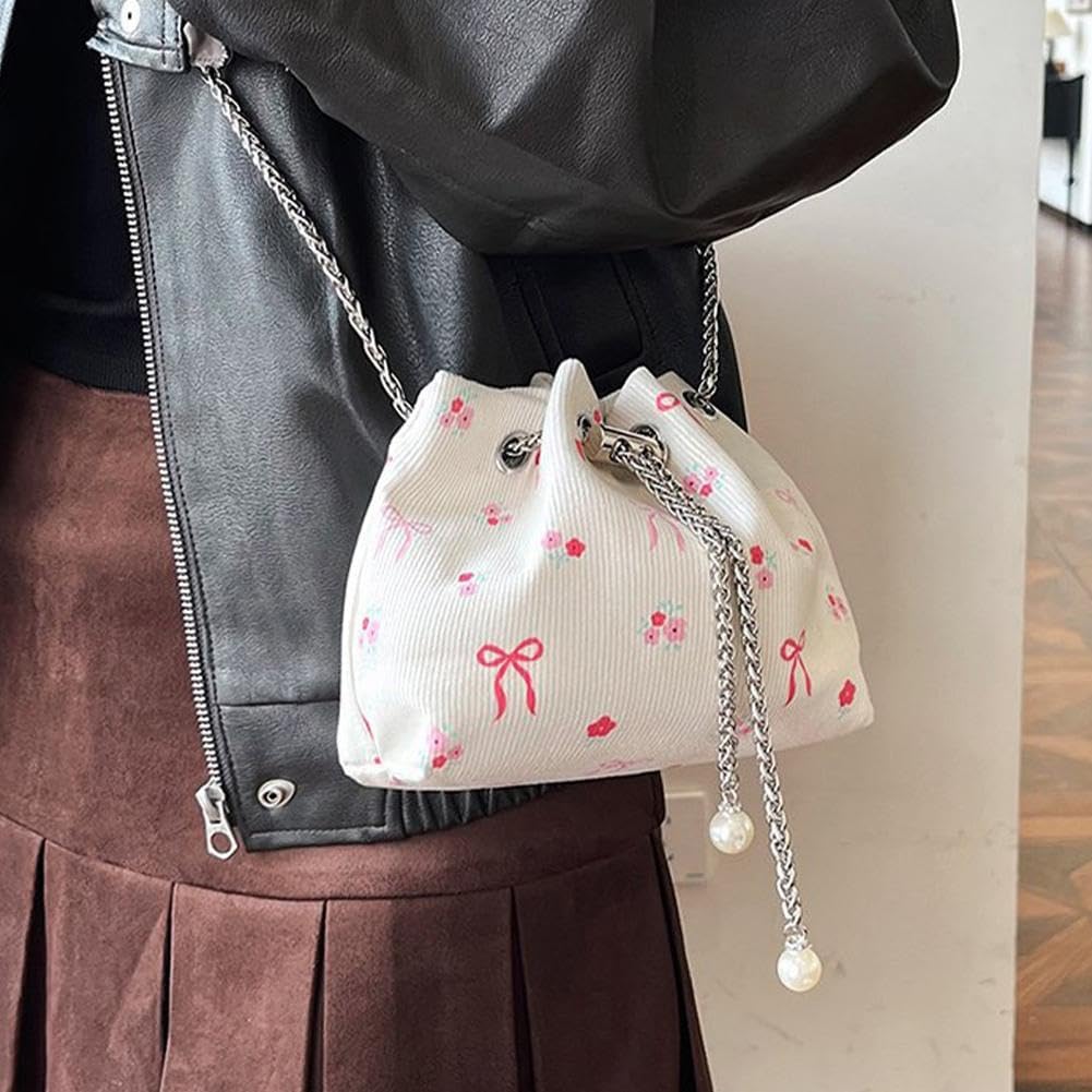Drawstring Crossbody Bag for Women,Flower Chain Drawstring Mini Bucket Handbags V1259-DP01-A-3023