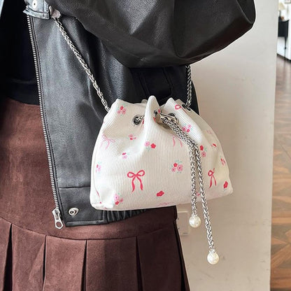 Drawstring Crossbody Bag for Women,Flower Chain Drawstring Mini Bucket Handbags V1259-DP01-A-3023