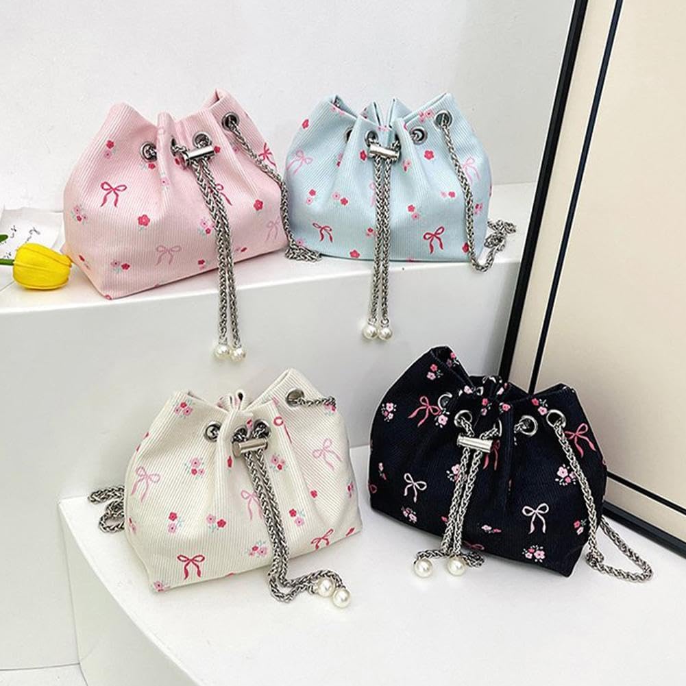 Drawstring Crossbody Bag for Women,Flower Chain Drawstring Mini Bucket Handbags V1259-DP01-A-3023