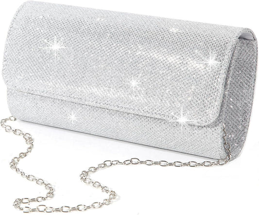 Evening Bag Clutch Purses for Women, Ladies Sparkling Party Handbag Wedding Bag, Silver V1259-DP01-A-3081